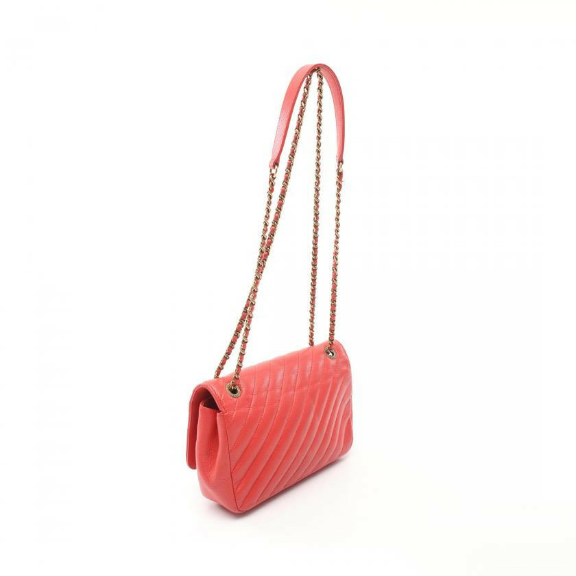 Chanel Chevron Bias Stitch Chain Shoulder Bag Leather Orange Red with Antique Gold Hardware