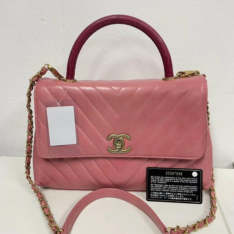 Chanel Coco Handle Bag Pink Quilted Leather with Burgundy Handle and Gold-Tone Hardware