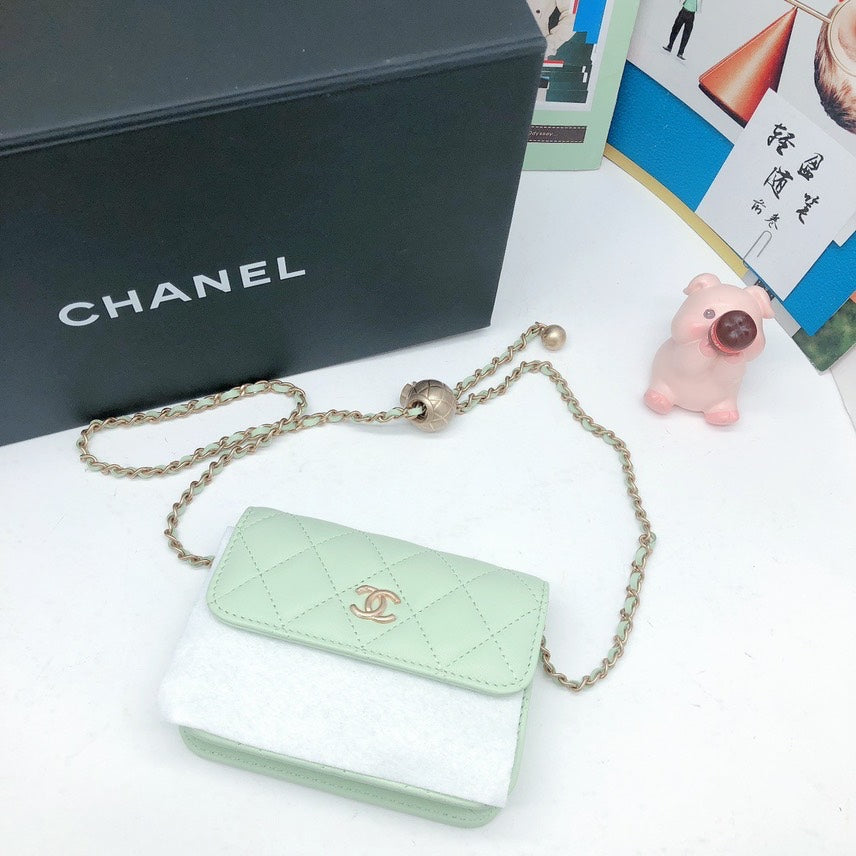 Chanel Mini Flap Bag Quilted Green Leather Gold Chain Small