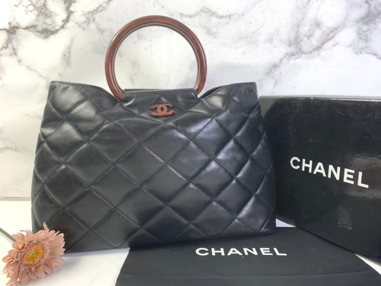 Chanel Black Quilted Leather Handbag with Brown Handle Large