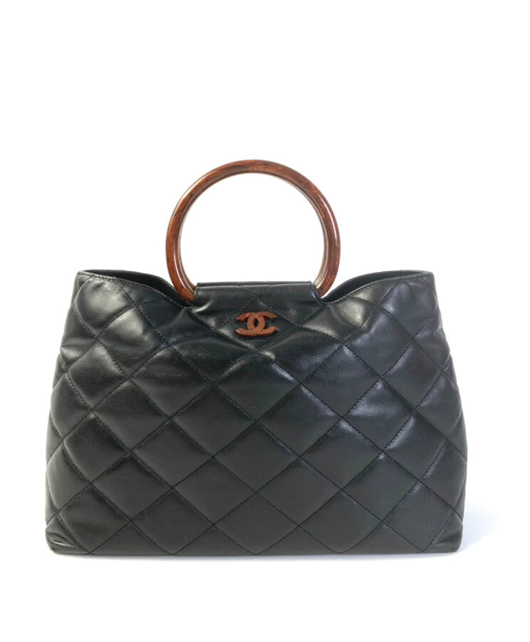 Chanel Black Quilted Leather Handbag with Brown Handle Large | Studio Nafay