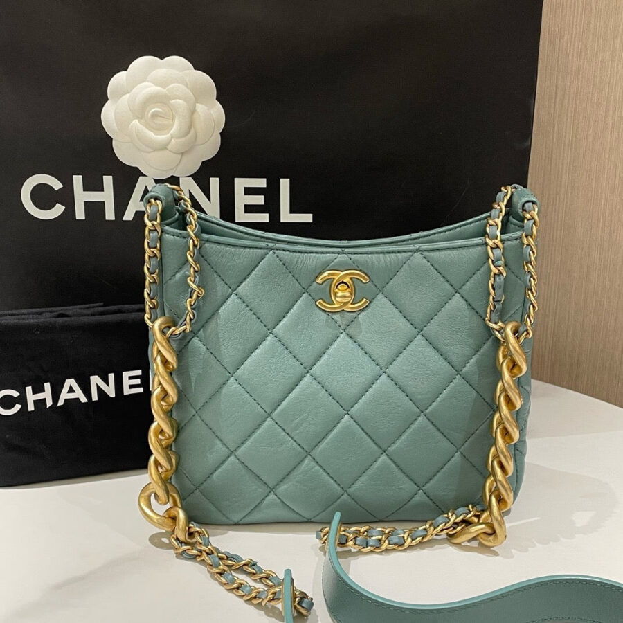 Chanel p Hobo Bag Mint Green Quilted Leather Medium Size Gold Chain Strap | Studio Nafay