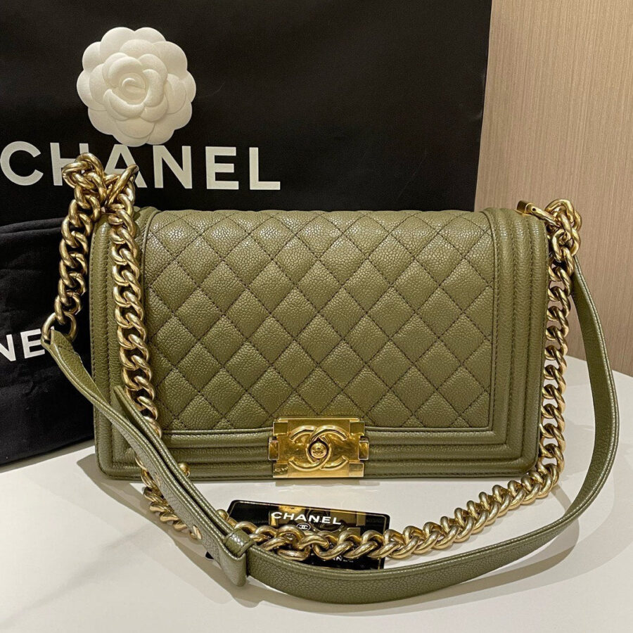 Chanel Le Boy Medium Caviar Leather Olive Green Shoulder Bag | Studio Nafay