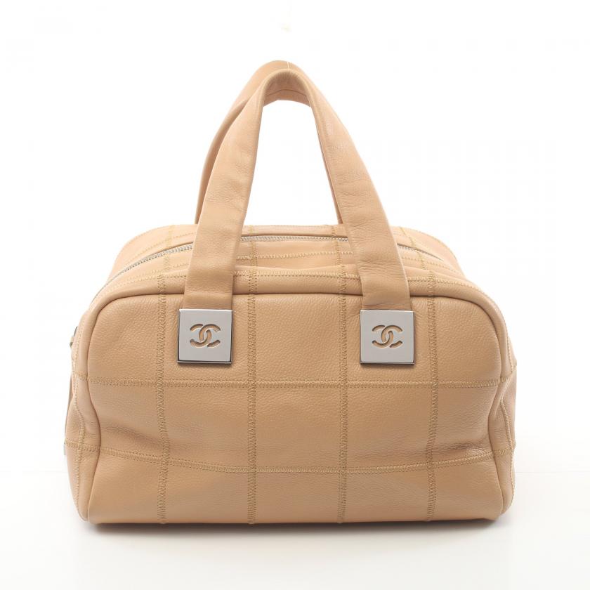 Chanel Chocolate Bar Beige Caviar Leather Mini Boston Bag Silver Hardware