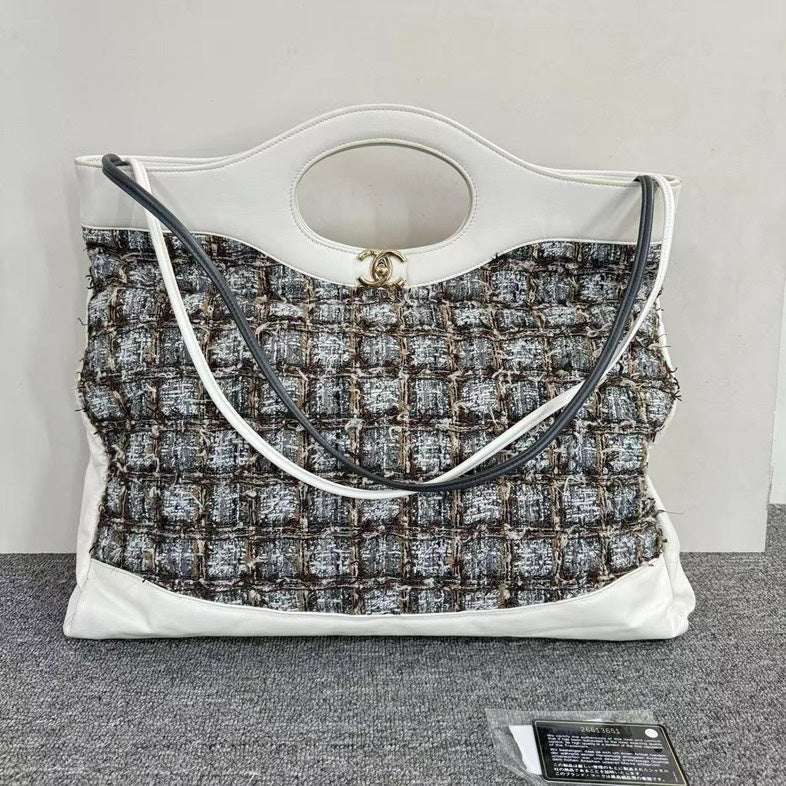 Chanel Tote Grey and White Tweed and Leather Large Handbag | Studio Nafay