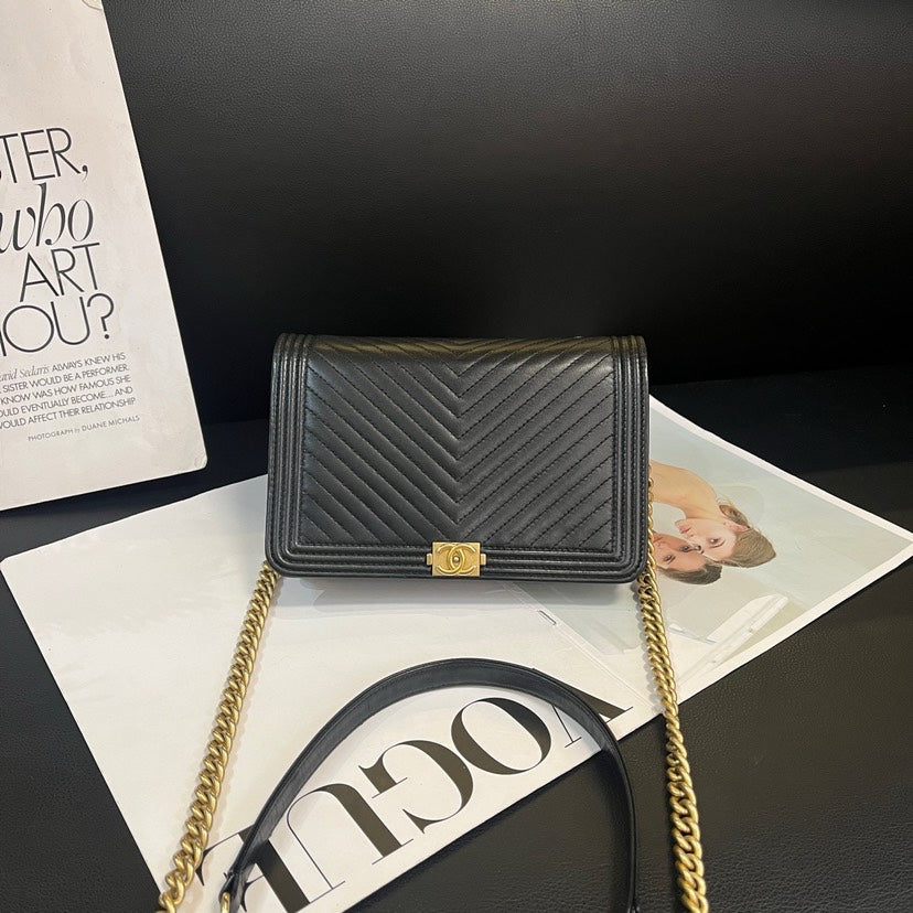 Chanel Leboy Black Gold V-Pattern WOC Shoulder Crossbody Bag | Studio Nafay