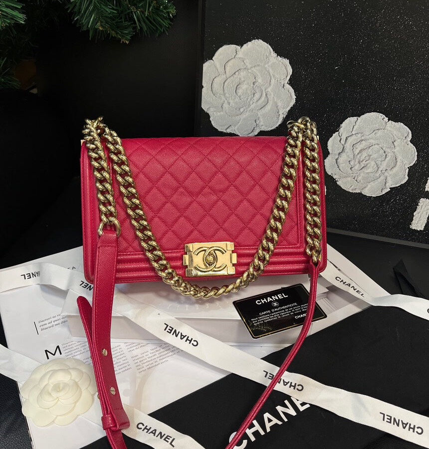 Chanel LeBoy Rose Red Gold Buckle Medium Crossbody Bag | Studio Nafay