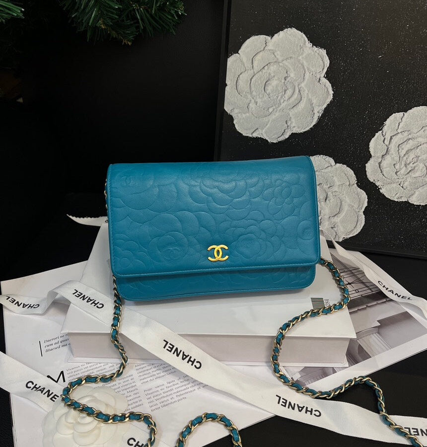 Chanel Lake Blue Camellia WOC Crossbody Bag 19cm | Studio Nafay