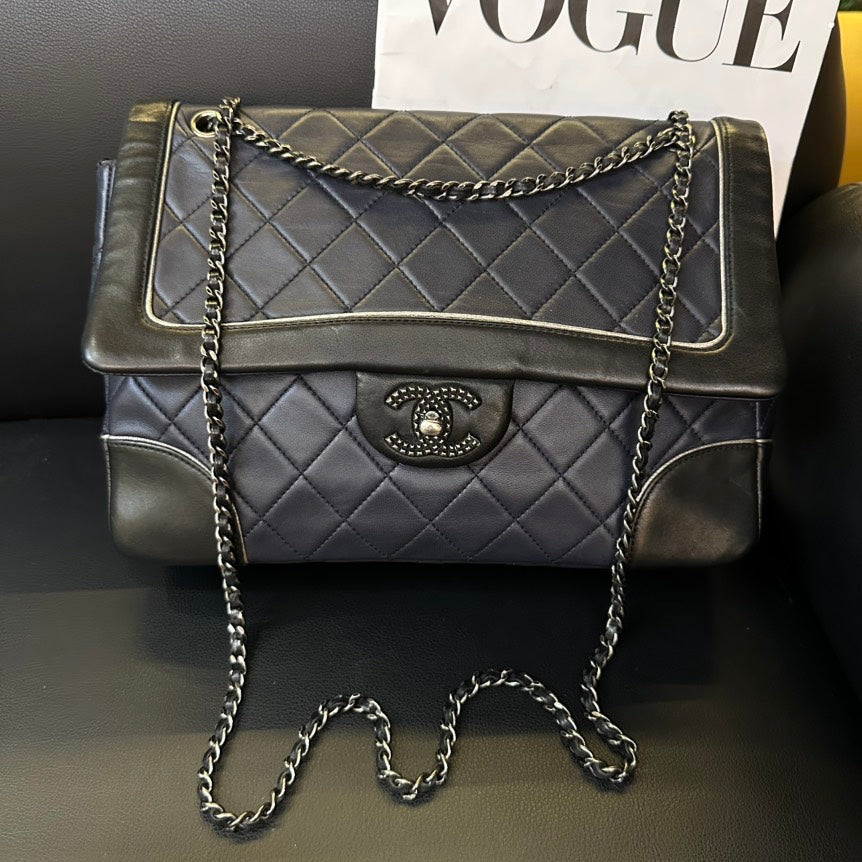 Chanel Color-Blocked Sheepskin CF Chain Crossbody Bag Black and Grey Medium | Studio Nafay