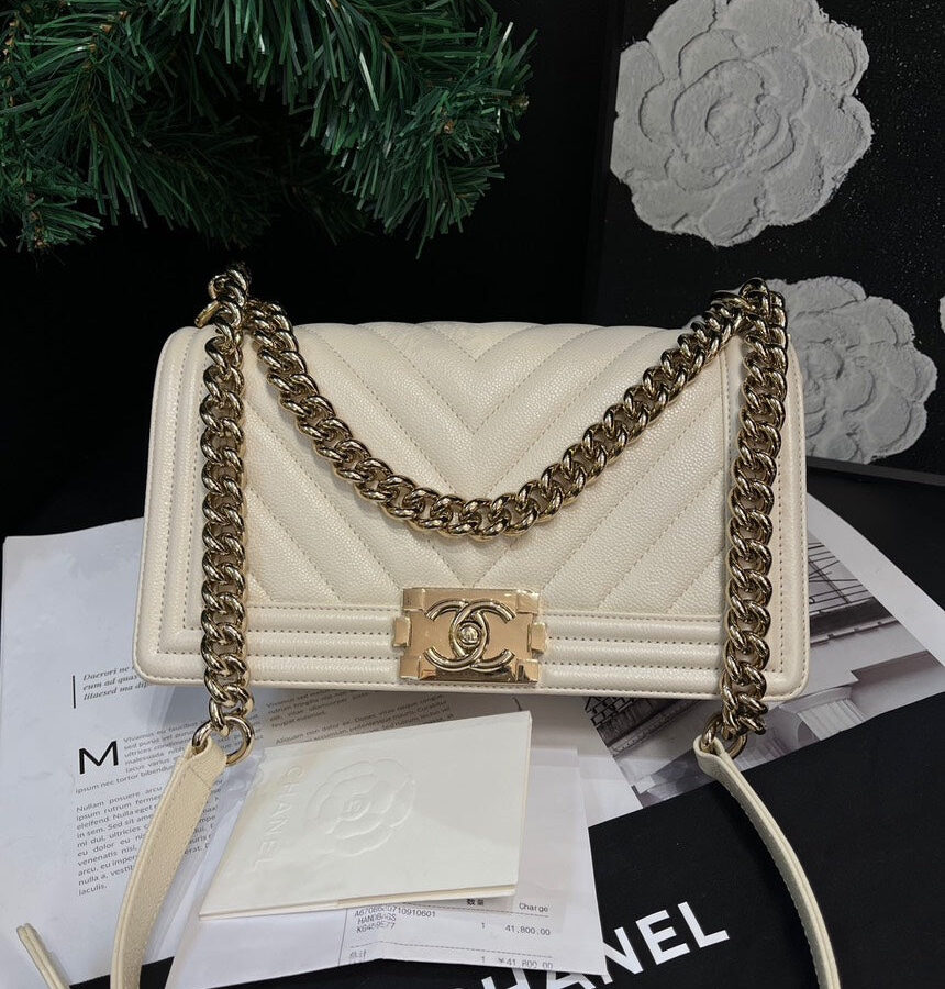 Chanel Medium White Leather Lychee Pattern LeBoy Crossbody Bag | Studio Nafay