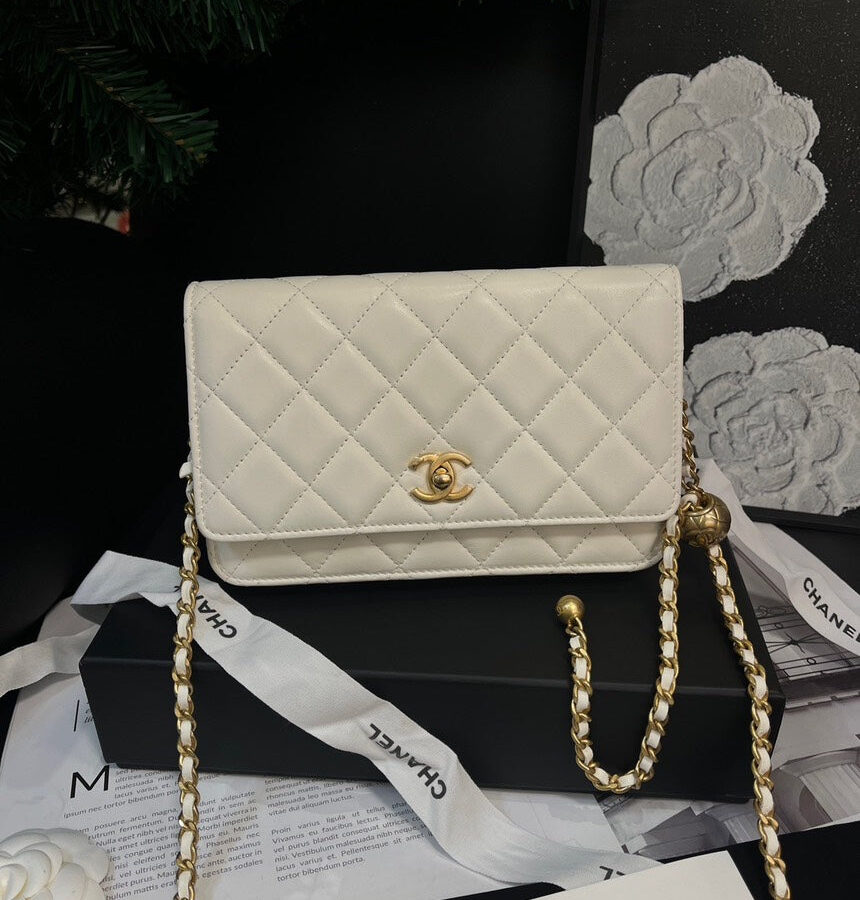 Chanel White Leather Gold Ball WOC Crossbody Bag | Studio Nafay