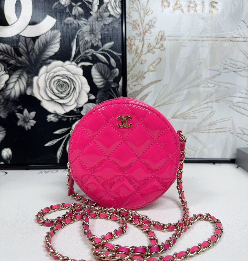 Chanel Round Pink Quilted Patent Leather Crossbody Bag | Studio Nafay
