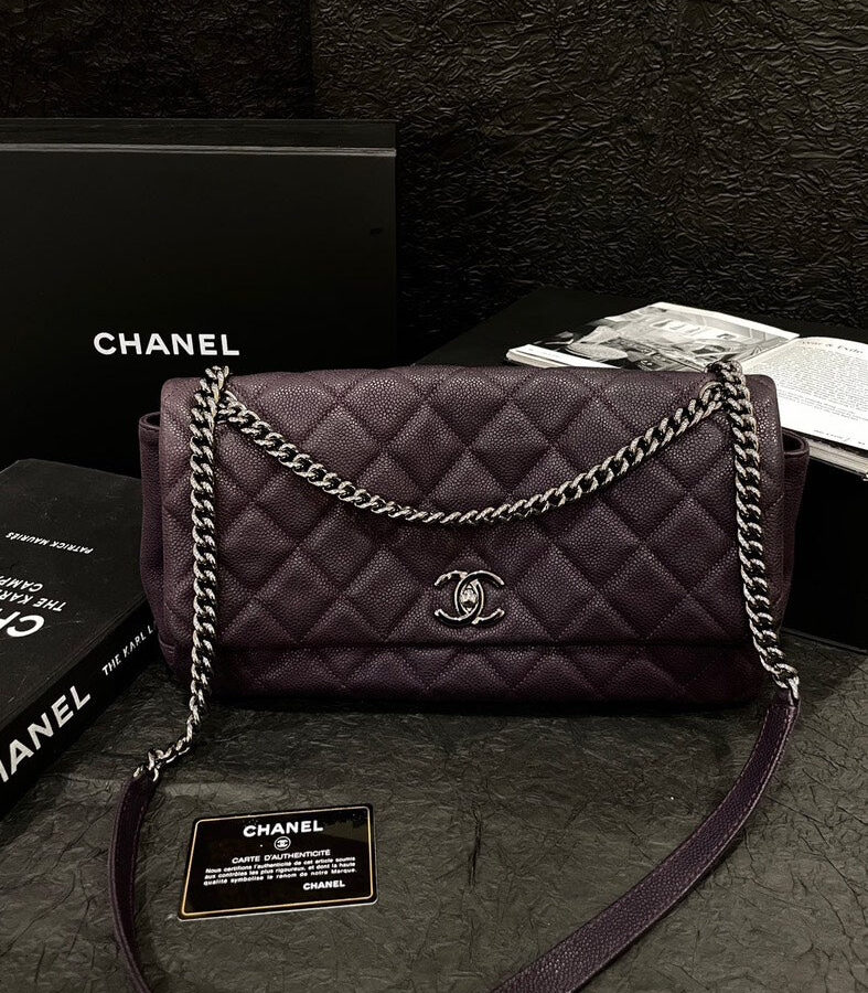 Chanel Purple Caviar Silver Buckle Airport Crossbody Bag With Card | Studio Nafay