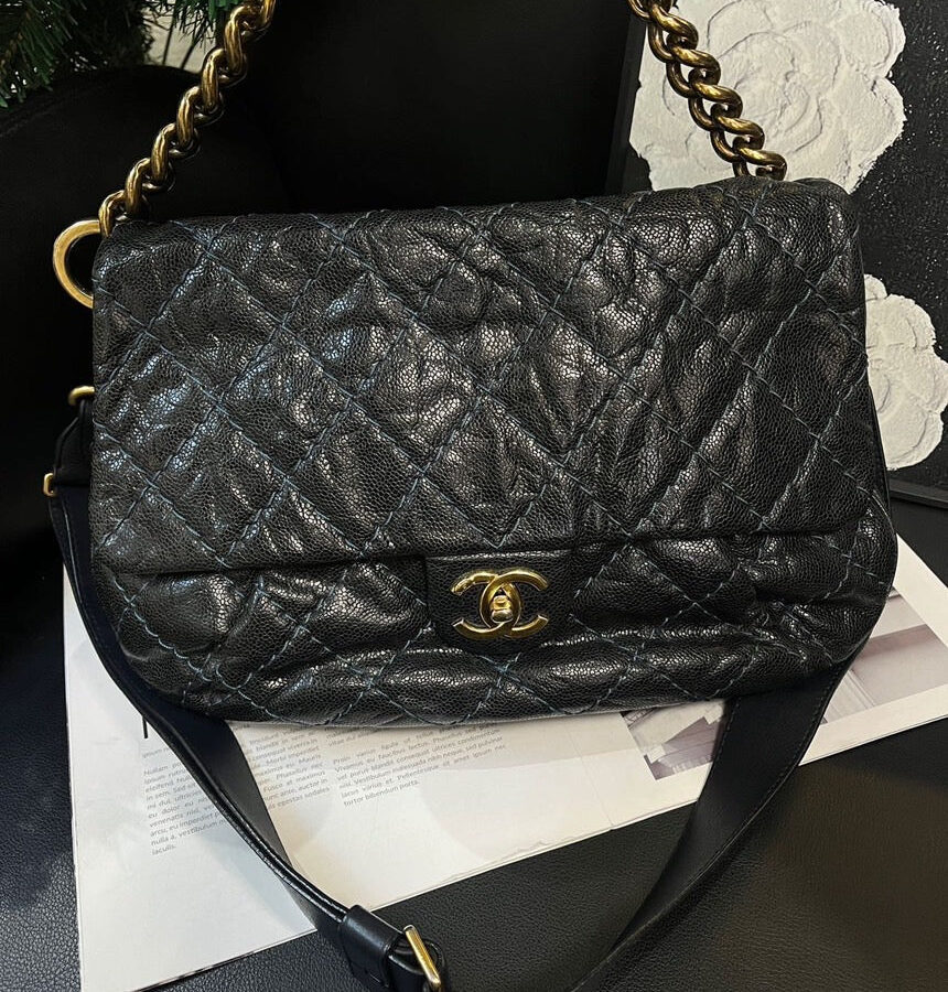 Chanel Mumbai Series Dark Blue Leather Gold Buckle Handbag Crossbody Bag | Studio Nafay