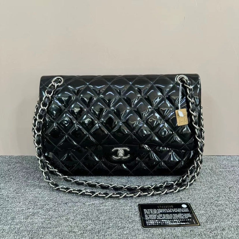 Chanel Classic Flap Black Patent Leather Quilted Bag Medium