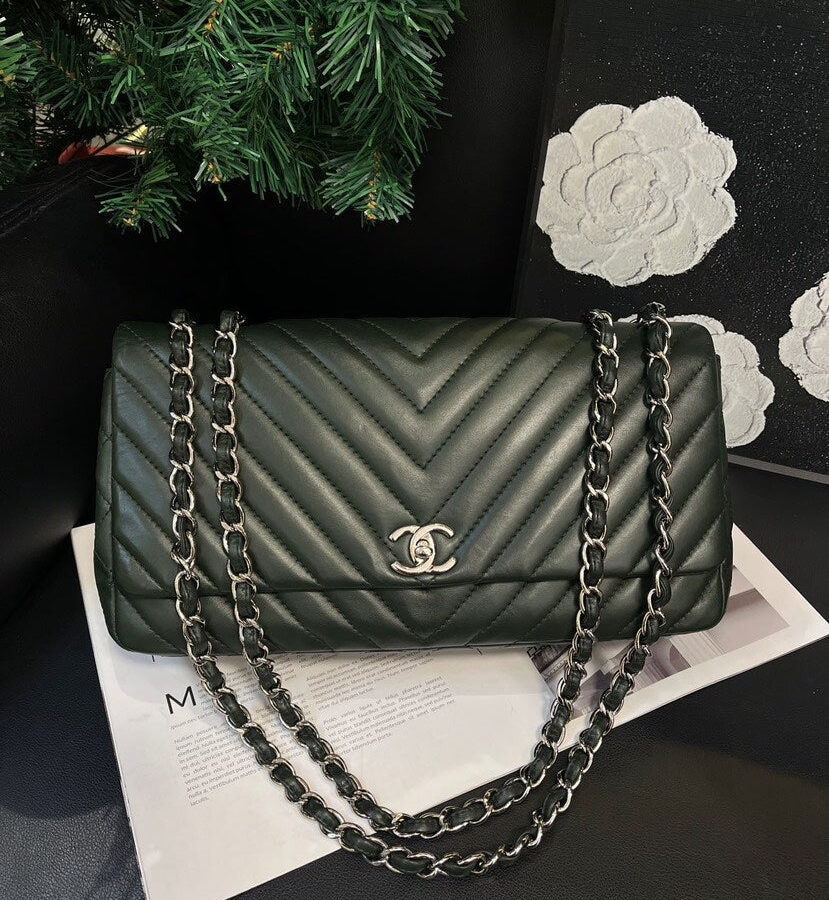 Chanel Dark Green CF V-Pattern Leather Crossbody Bag Medium | Studio Nafay