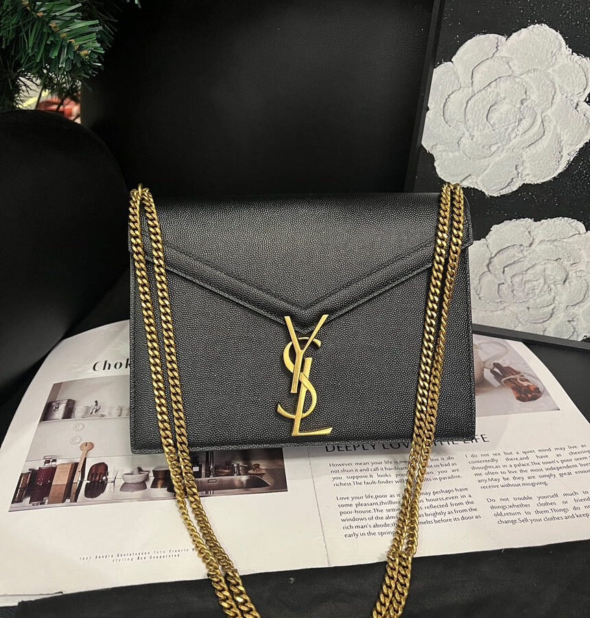 Saint Laurent Cassandra Black Gold Leather Crossbody Bag Small | Studio Nafay