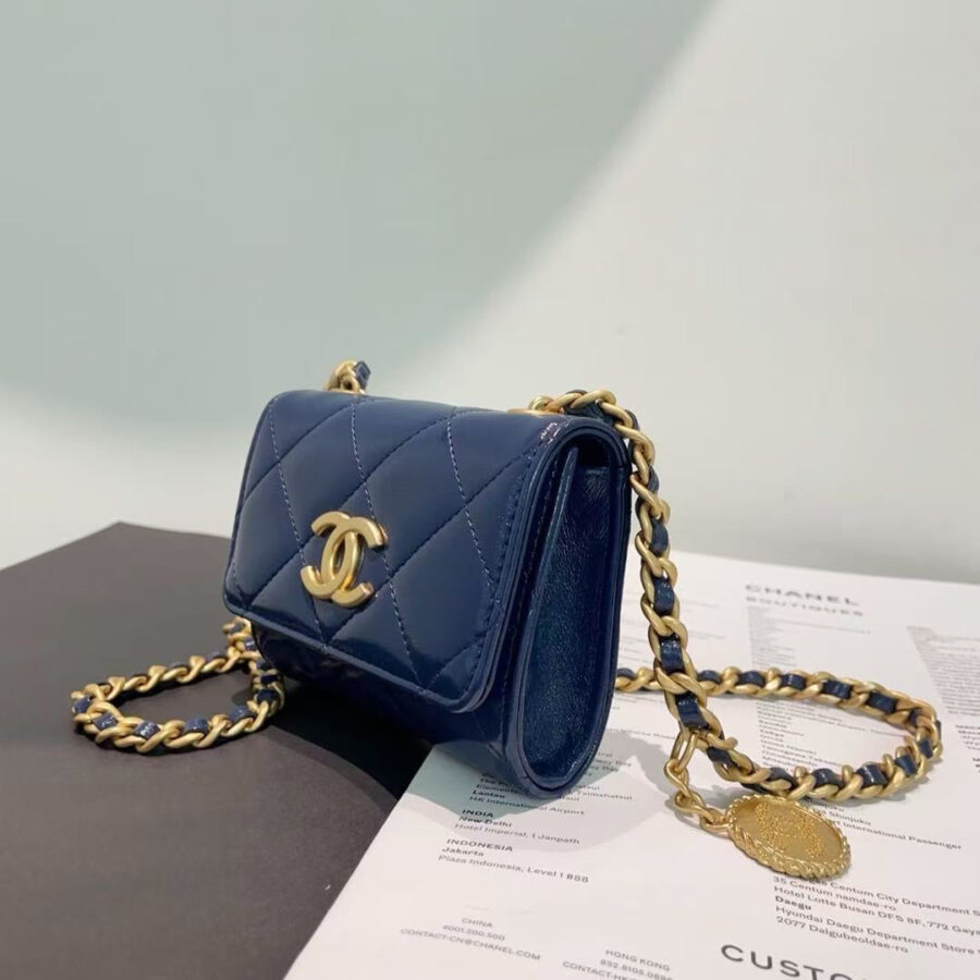 Chanel WOC Navy Quilted Leather Wallet On Chain Medium Size | Studio Nafay