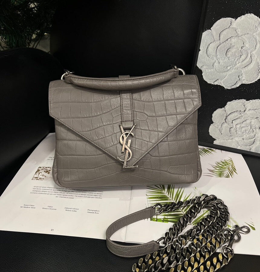 Saint Laurent Postman Crossbody Bag Crocodile Embossed Elephant Gray | Studio Nafay