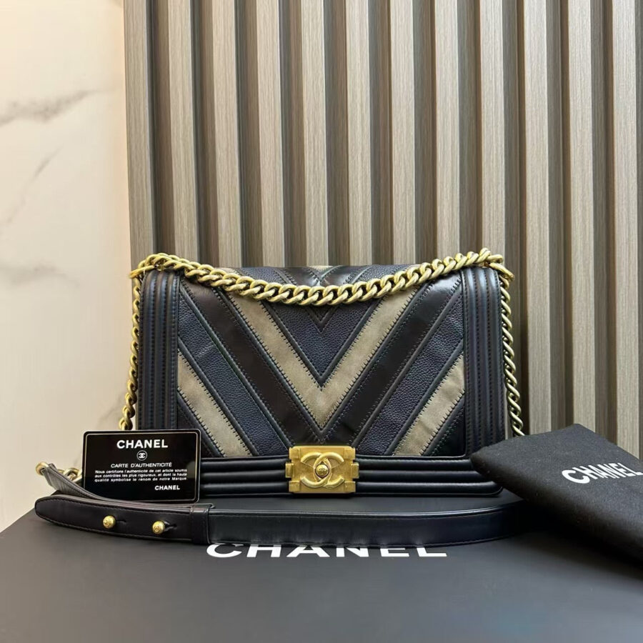 Chanel Le Boy Bag Chevron Black Leather Gold Hardware Crossbody | Studio Nafay