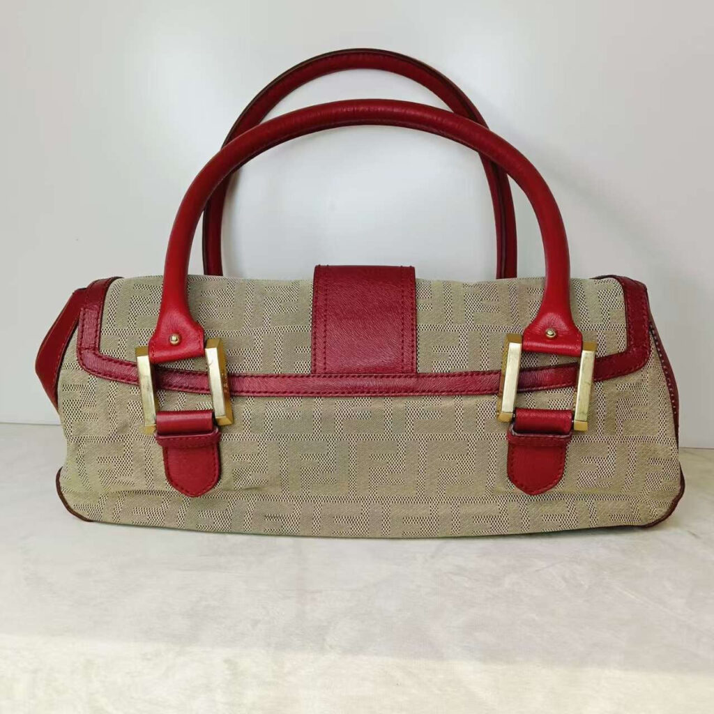 Fendi Tote Bag Beige Red Leather Canvas Handbag - Product Image 2