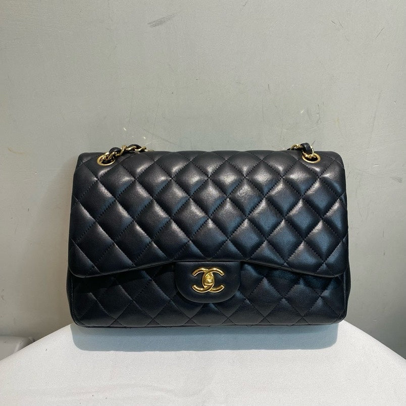 Chanel Lambskin CF Jumbo Double Flap Black Gold Shoulder Bag | Studio Nafay