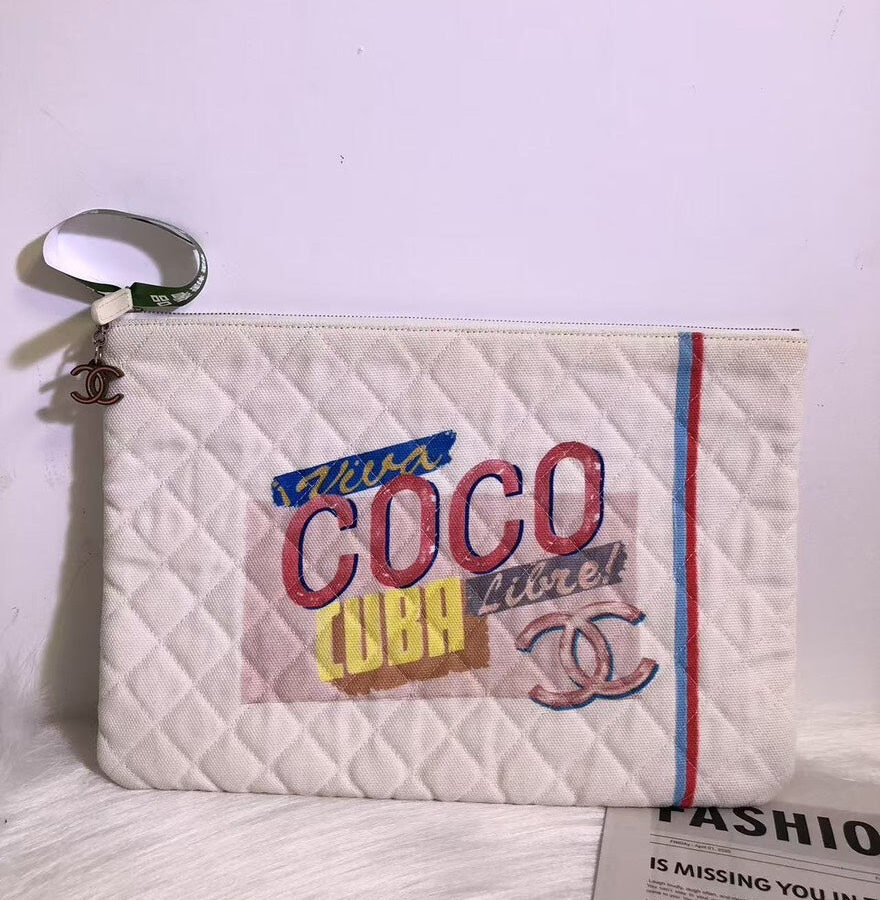 Chanel CUBA Quilted Canvas Clutch in White with Multicolor Print | Studio Nafay
