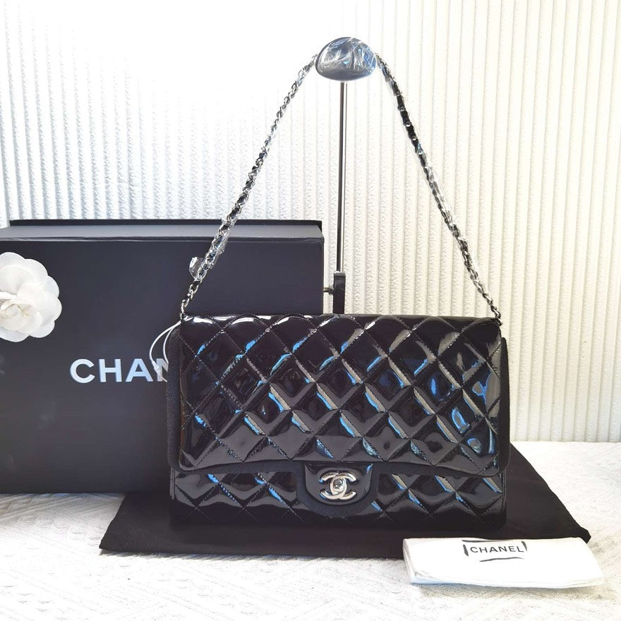 Chanel Classic Flap Bag Black Patent Leather Shoulder Bag | Studio Nafay