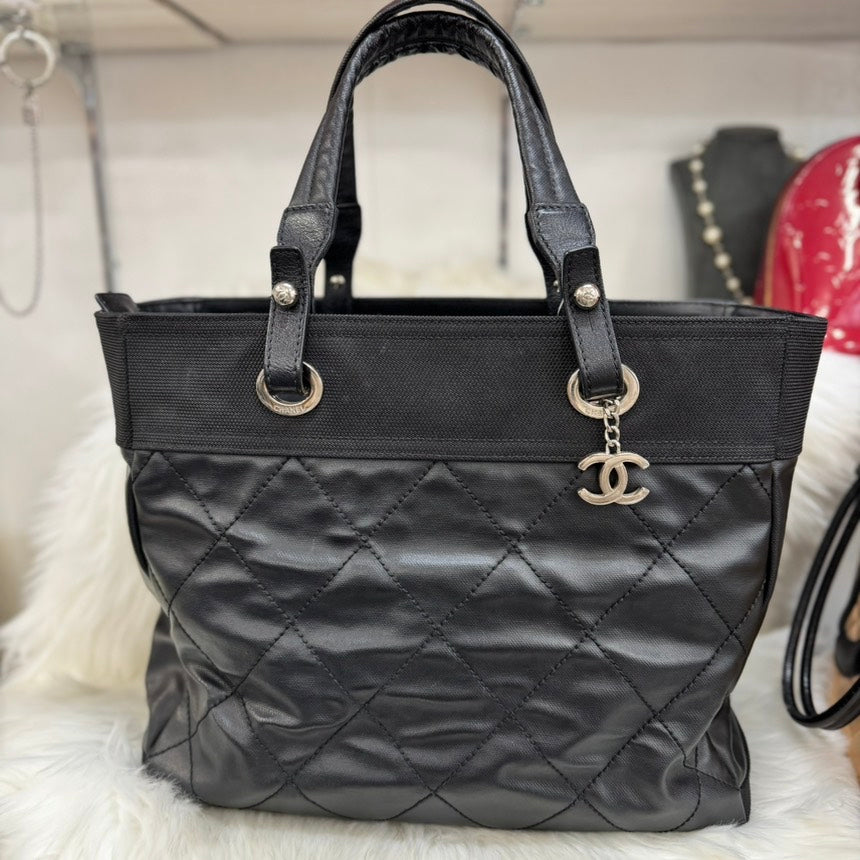 CHANEL Paris Beerlit Tote MM Black Leather Canvas Tote Bag | Studio Nafay