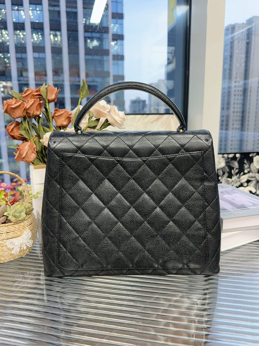 Chanel Classic Quilted Black Leather Top Handle Bag HFY