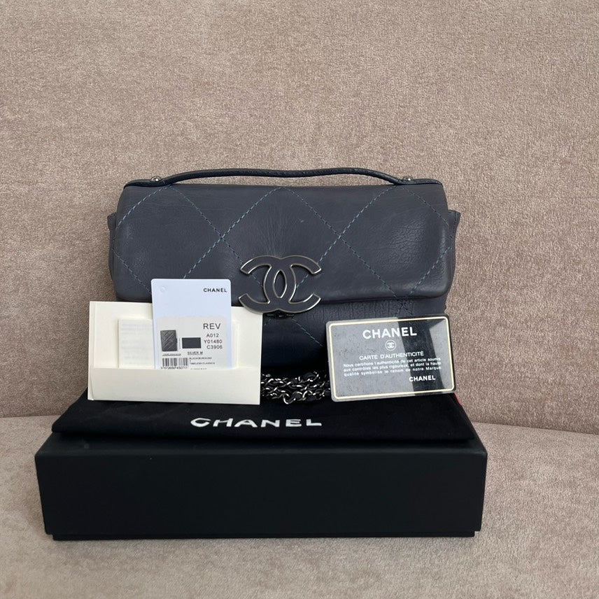 Chanel Leather Quilted Gray Shoulder Bag