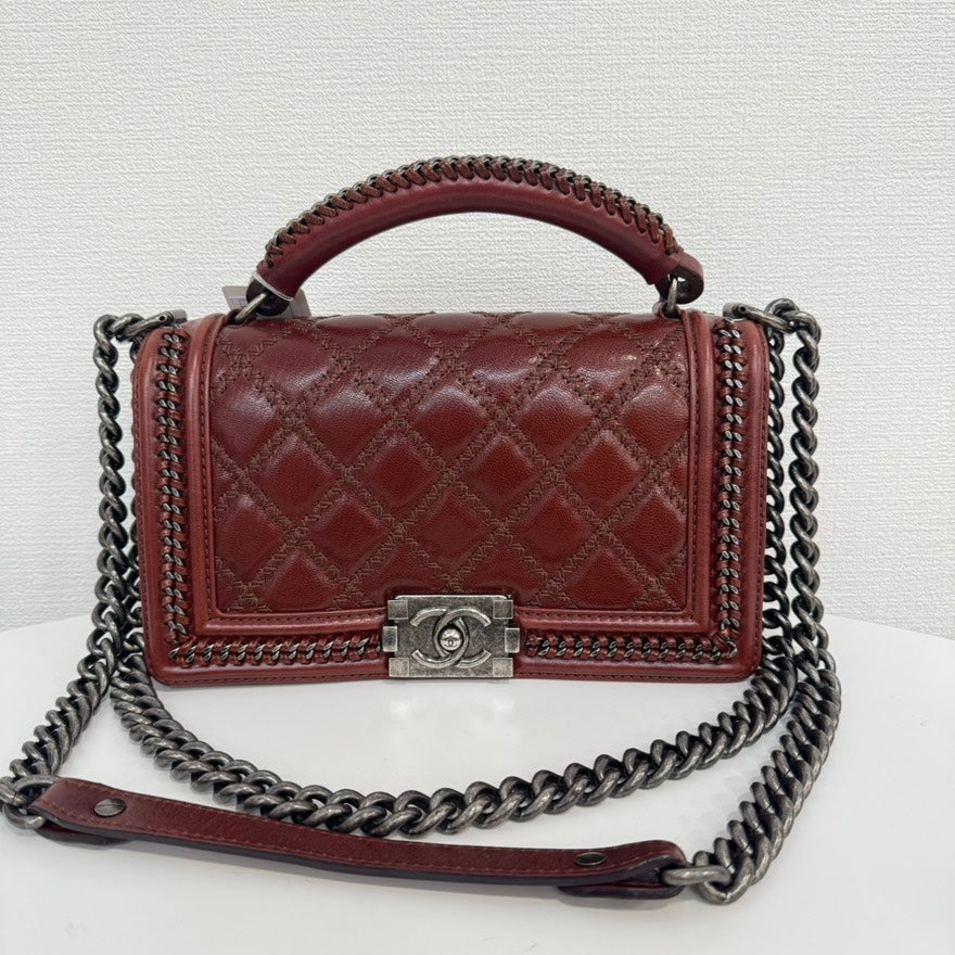 Chanel Calfskin Boy Top Handle way Bag Burgundy | Studio Nafay