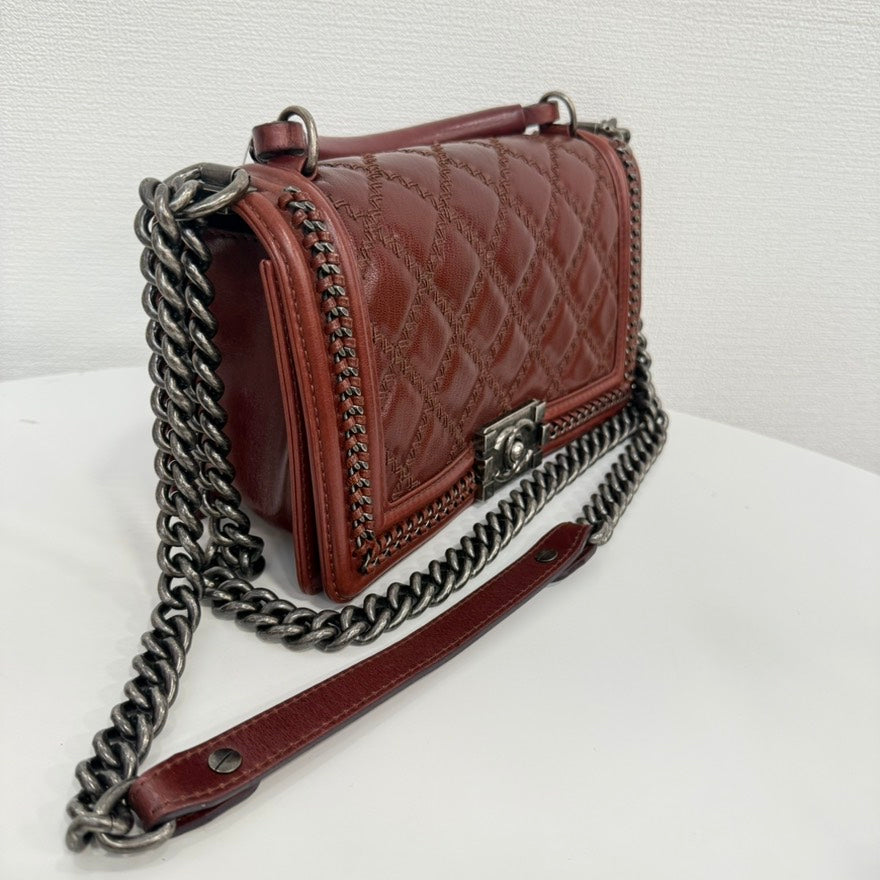 Chanel Calfskin Boy Top Handle way Bag Burgundy