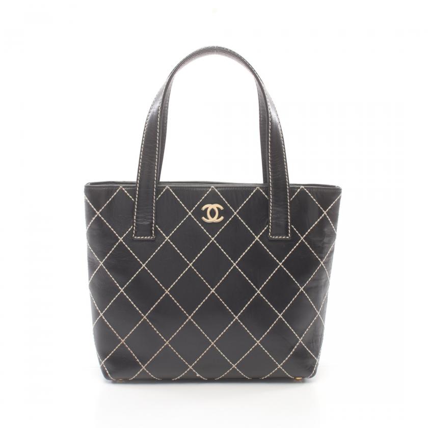 CHANEL Wild Stitch Handbag Tote Bag Leather Black Gold Hardware | Studio Nafay