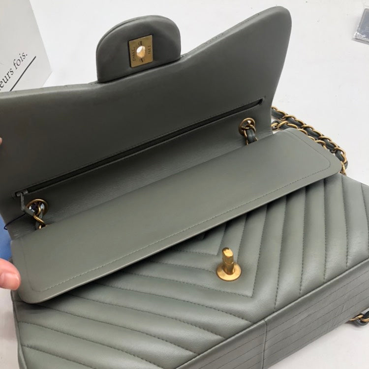 Chanel Lambskin Chevron Quilted Jumbo Classic Flap Shoulder Bag, Grey | Studio Nafay