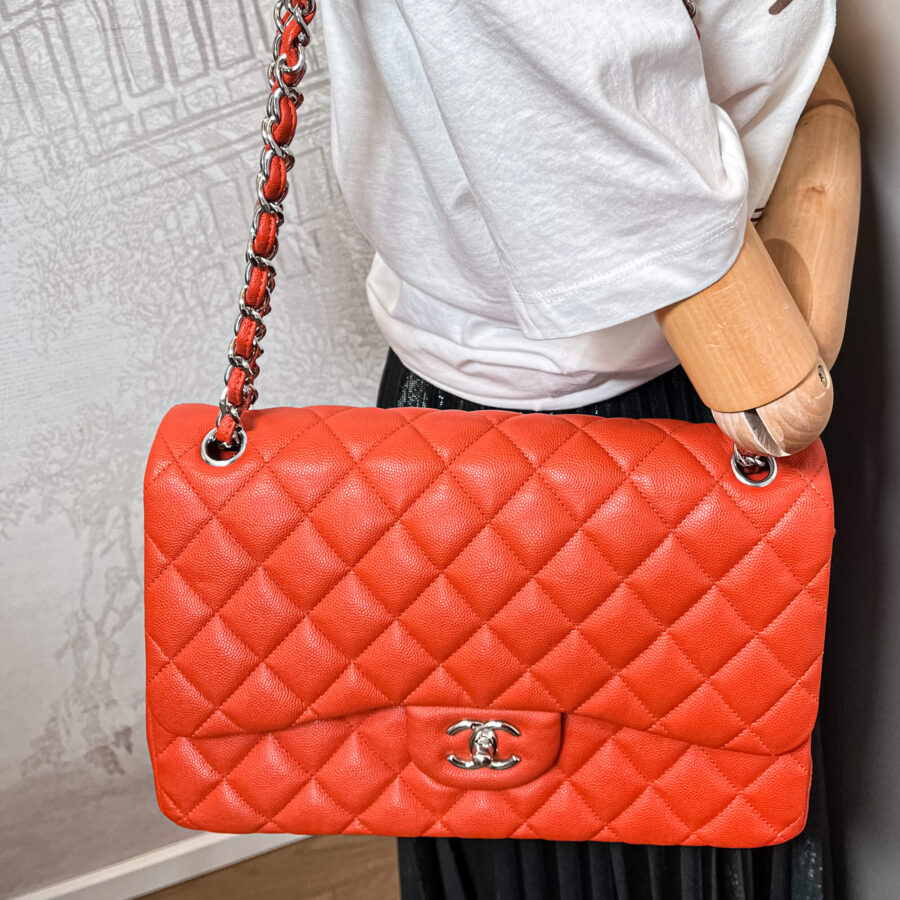 Classic Double Flap Jumbo Caviar Leather Chain Bag Orange | Studio Nafay