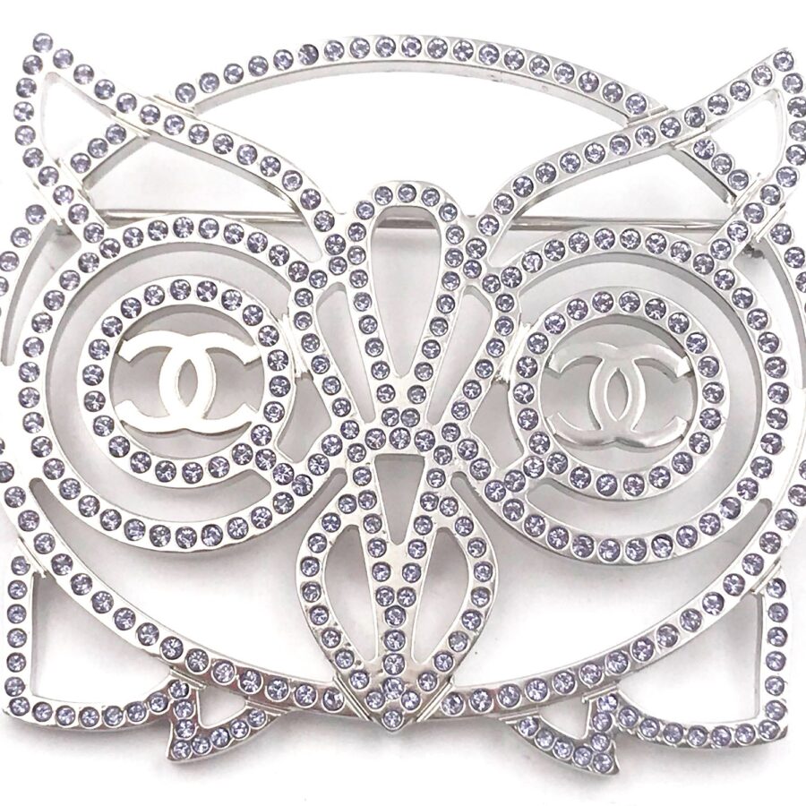 Chanel Brand New Silver Owl Light Lavender Crystal Brooch | Studio Nafay