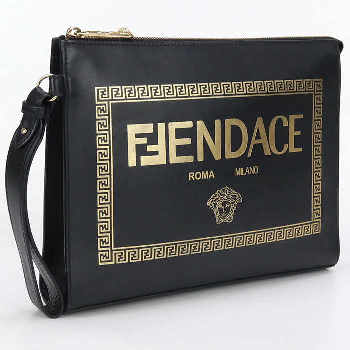 FENDI Clutch bag FENDACE Second bag leather black unisex | Studio Nafay