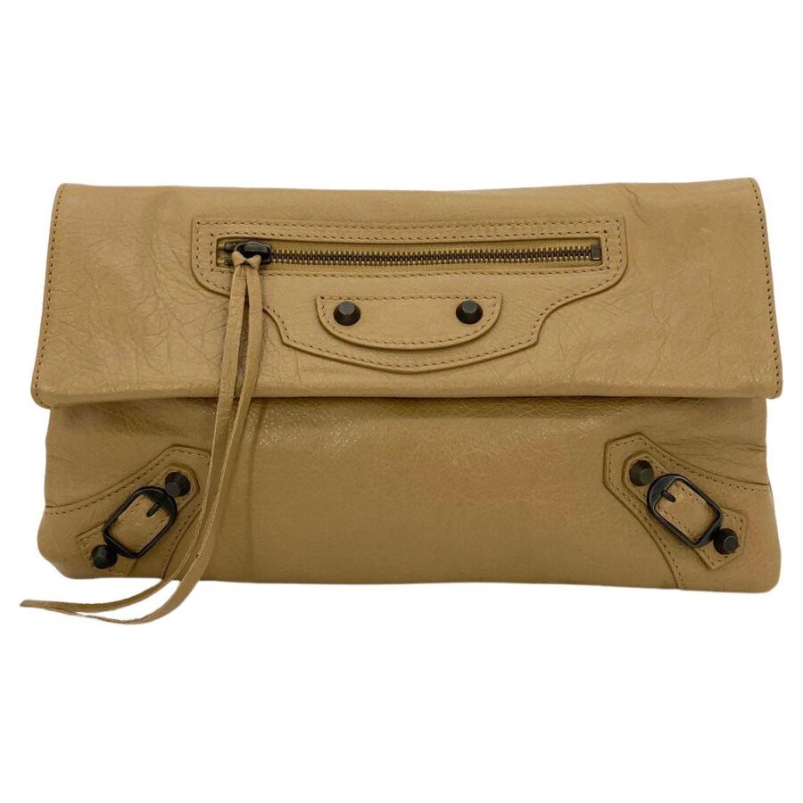 BALENCIAGA Tan Leather City Envelope Clutch with Mirror | Studio Nafay