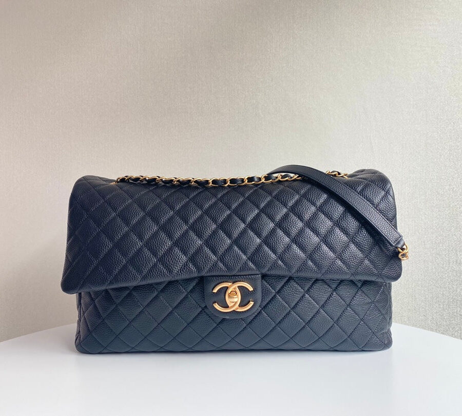 FLAP BAG 46CM GOLD HARDWARE BLACK CALFSKIN | Studio Nafay