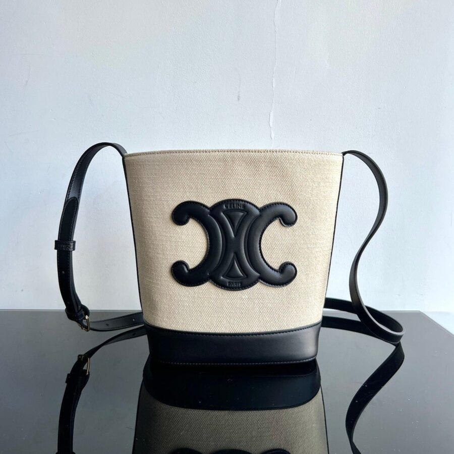 SMALL BUCKET CUIR TRIOMPHE 24CM IN STRIPED TEXTILE AND BLACK CALFSKIN | Studio Nafay