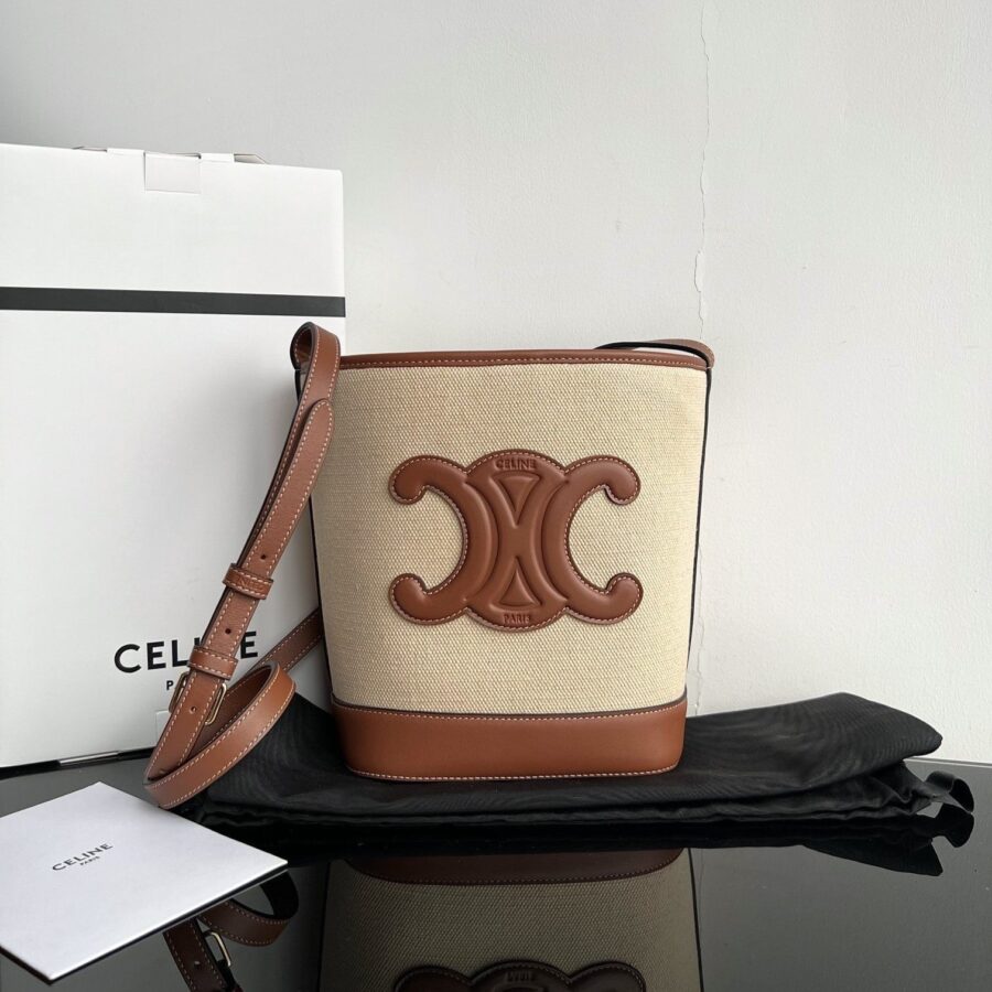 SMALL BUCKET CUIR TRIOMPHE 24CM IN STRIPED TEXTILE AND TAN CALFSKIN | Studio Nafay