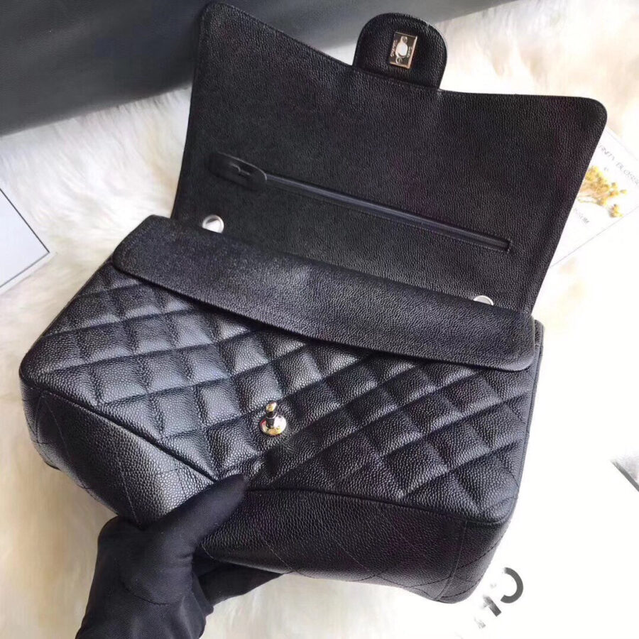 FLAP BAG 33CM BLACK CAVIAR SILVER HARDWARE | Studio Nafay