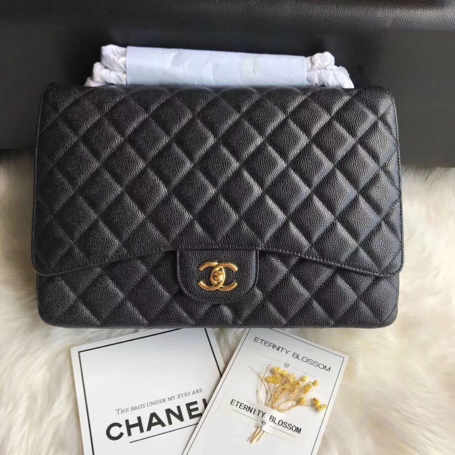 FLAP BAG 33CM BLACK CAVIAR GOLD HARDWARE | Studio Nafay