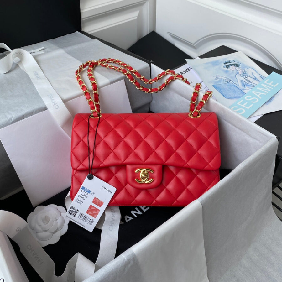 CHANEL Medium Classic Flap Bag 23cm Red Lambskin Gold Hardware | Studio Nafay