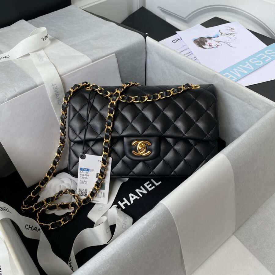Medium Classic Flap Bag 23cm Black Lambskin Gold Hardware | Studio Nafay