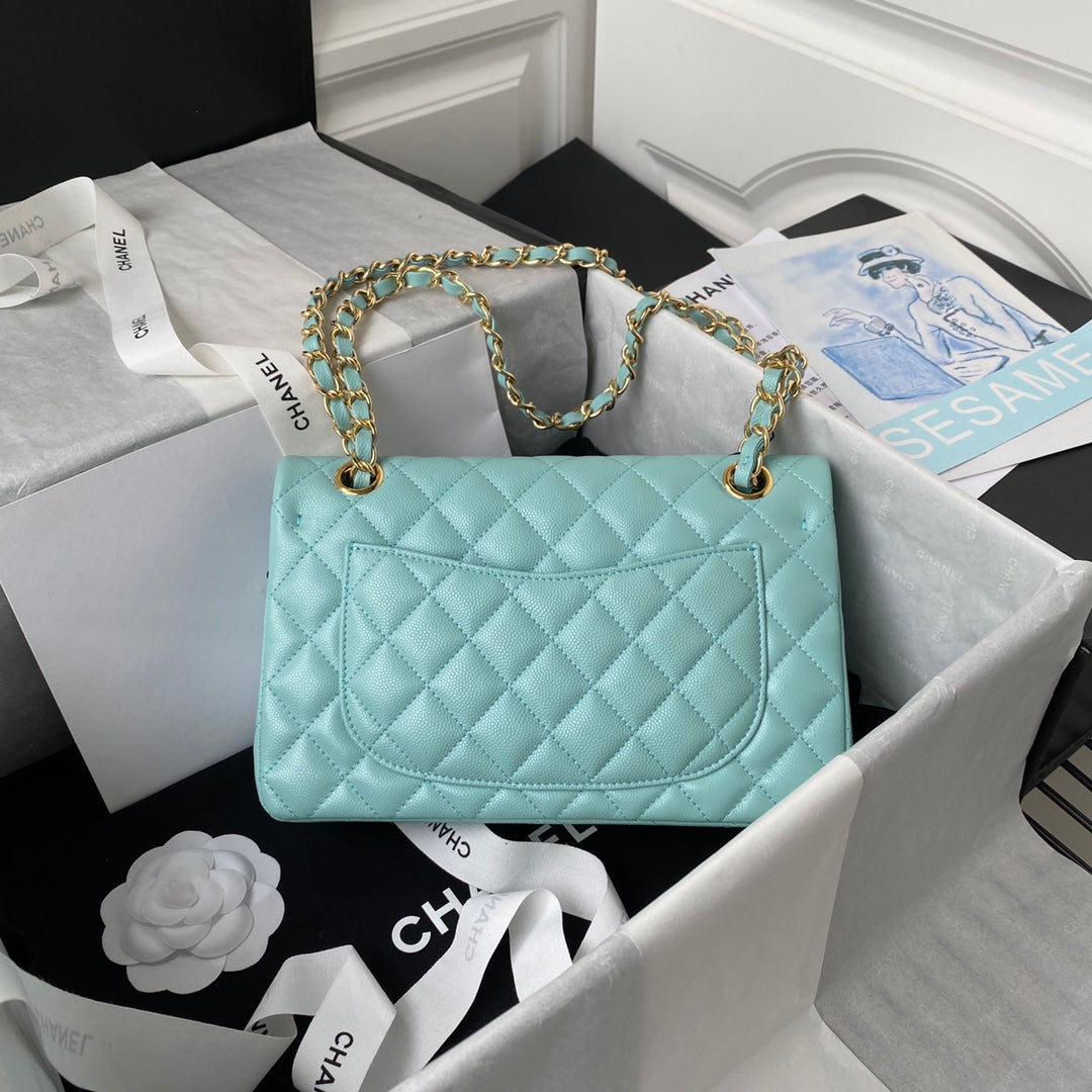 CHANEL Medium Classic Flap Bag 23cm Blue Sky Caviar Gold Hardware