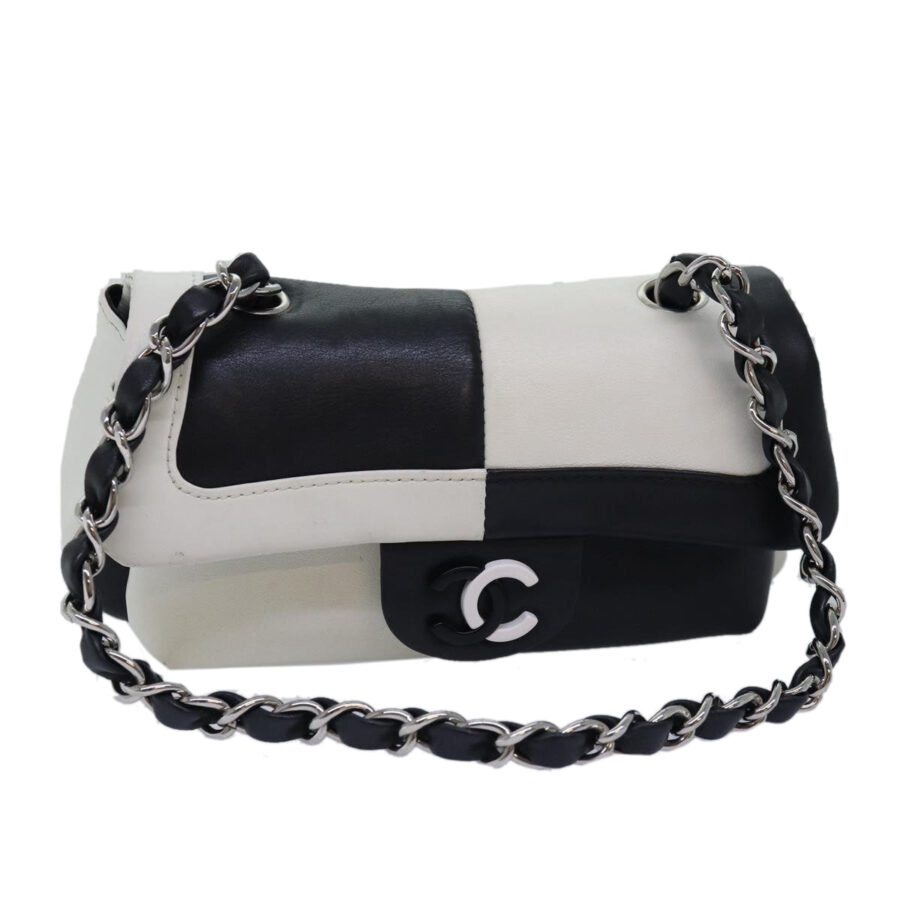 Chanel COCO Mark Chain Shoulder Bag Lamb Skin Black White CC Auth ykA | Studio Nafay