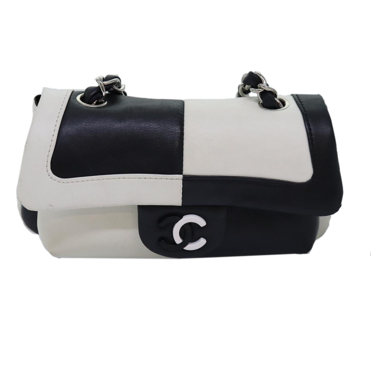 Chanel COCO Mark Chain Shoulder Bag Lamb Skin Black White CC Auth ykA