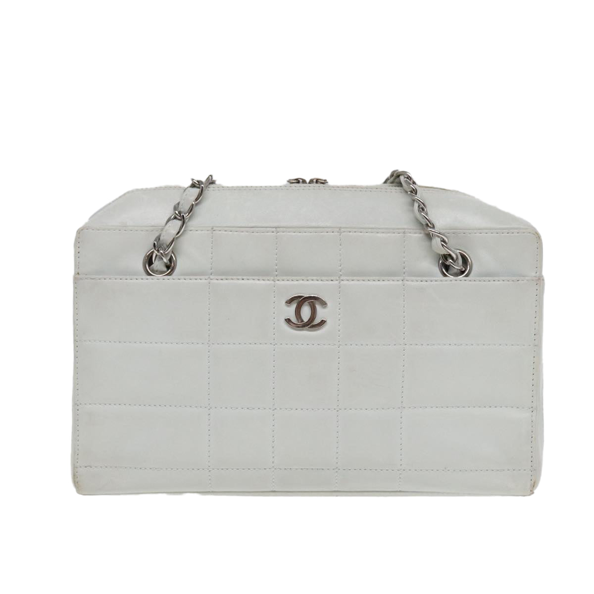 Chanel Choco Bar Chain Hand Bag Leather White Silver CC Auth yk
